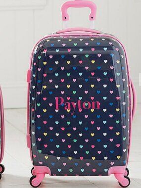 Pottery Barn Kids Mackenzie Navy & Multi Hearts Hard Sided Spinner large Luggage